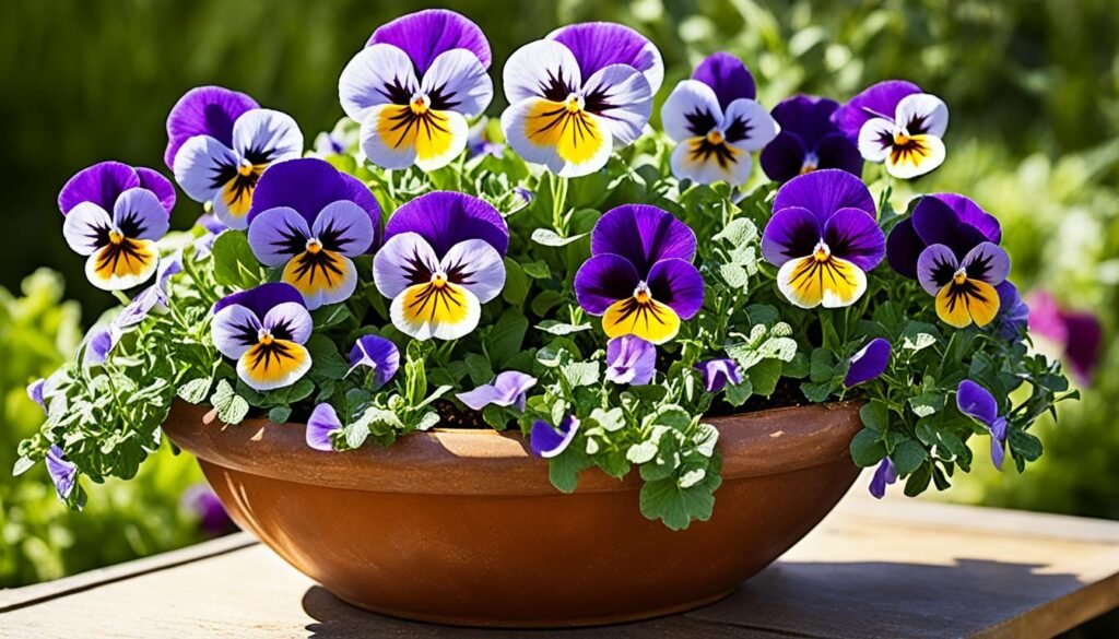 Pansies in shallow pot