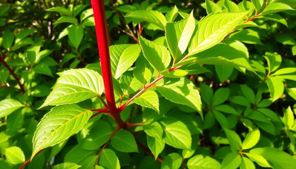 green leaves red stem