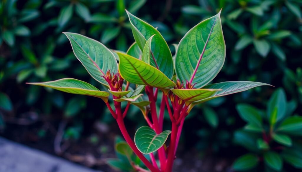 green leaves red stem