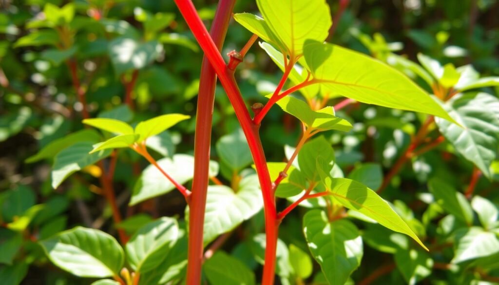 green leaves red stem