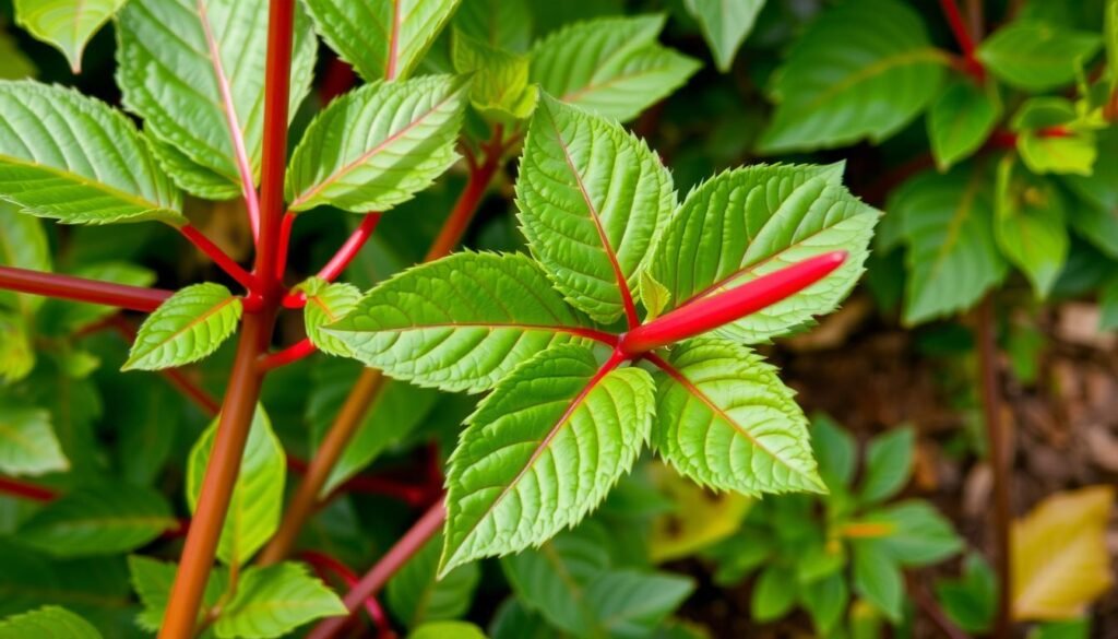 green leaves red stem