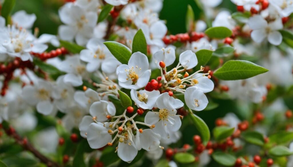 Firethorn plant with white flowers and thorns