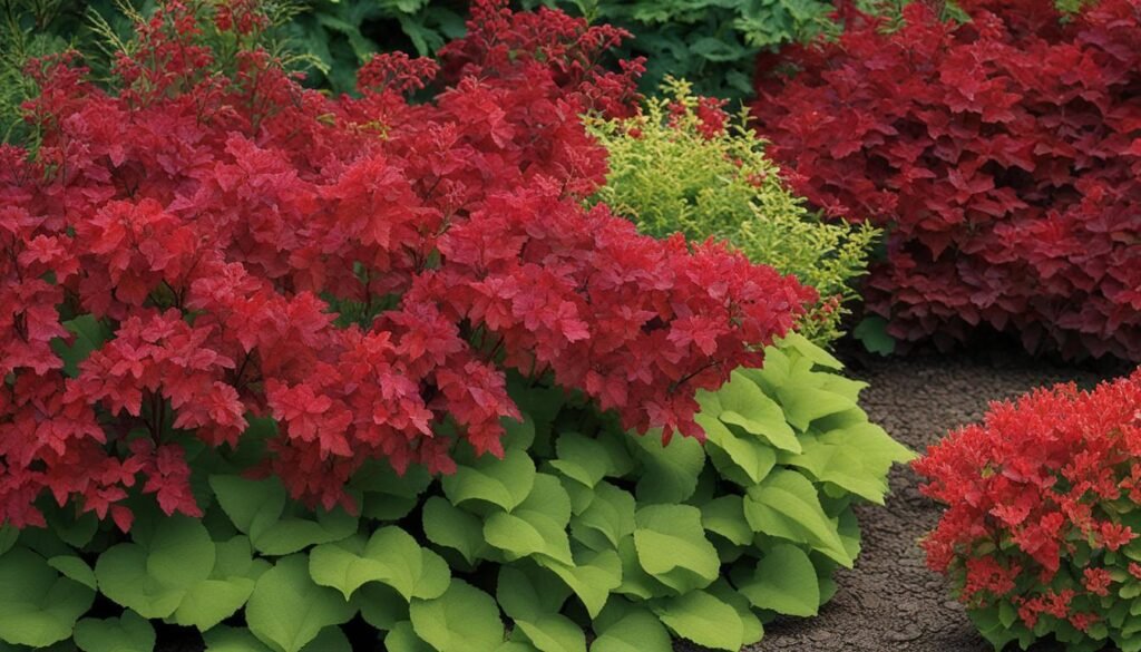 Red-leaved coral bells and red barberry shrubs