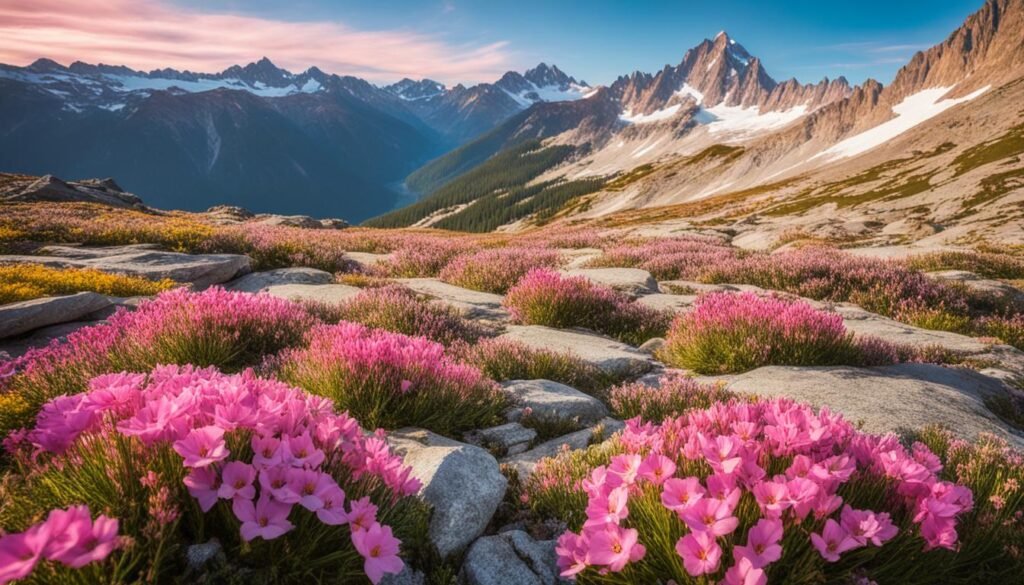 alpine pinks in rock garden