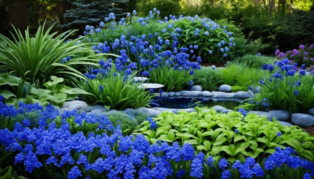 design ideas for blue flowers in wet conditions