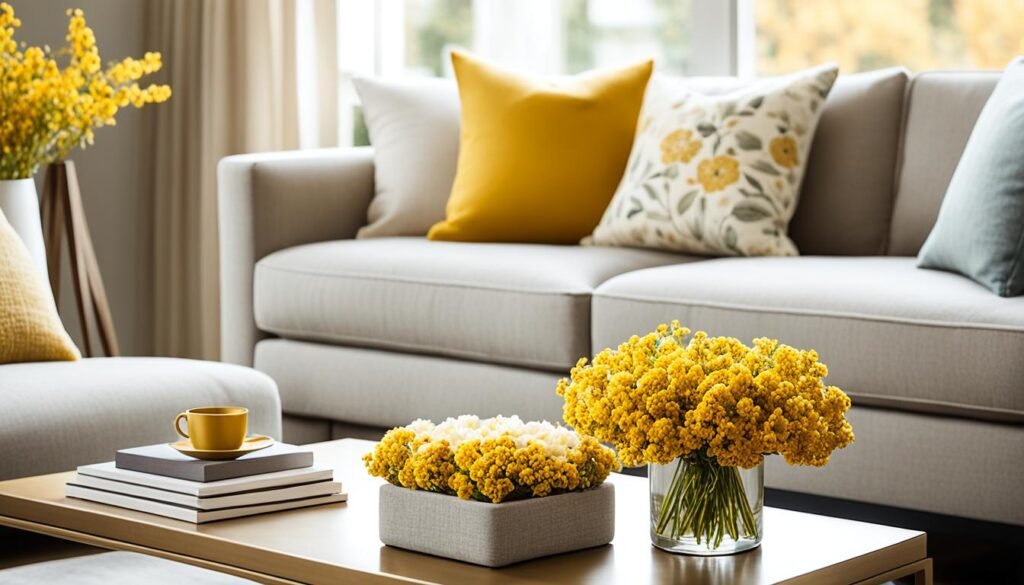 mustard colored flowers in fashion and home decor