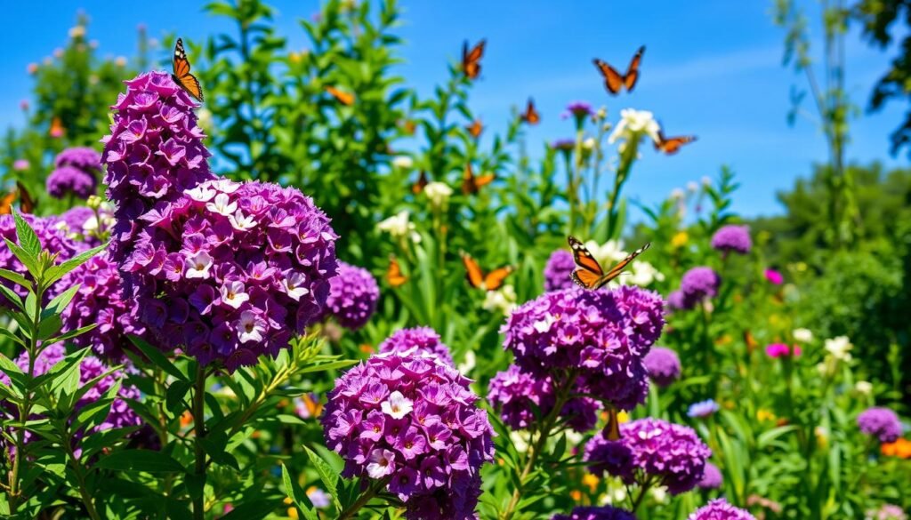 a group of butterflies on purple flowers