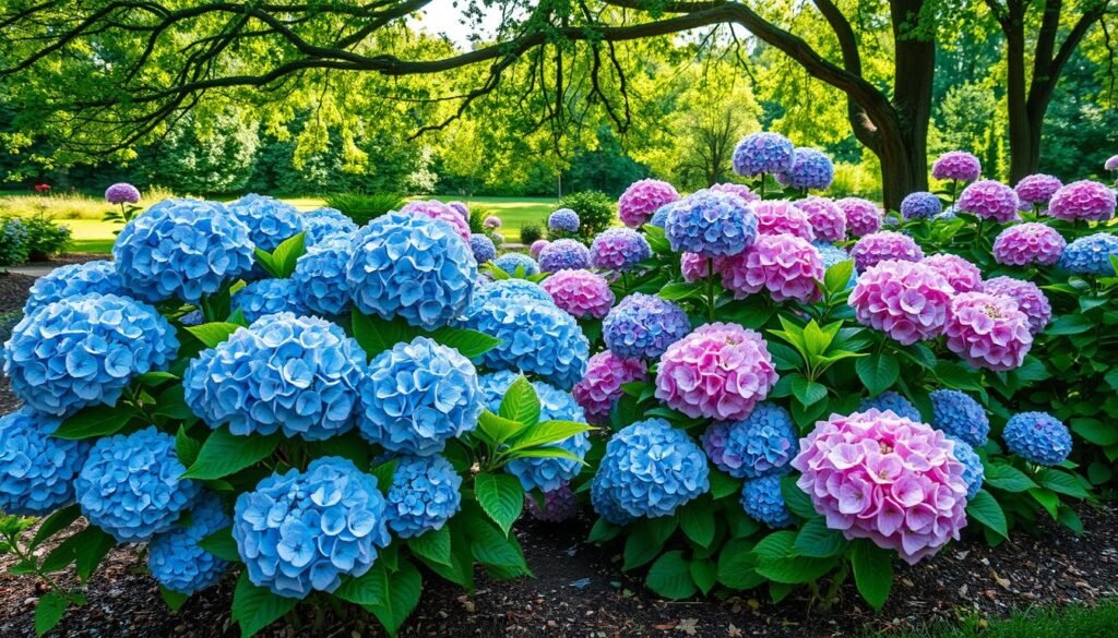 a group of blue and pink flowers