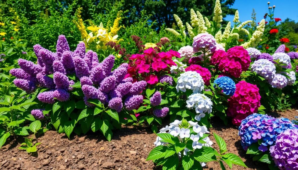 a group of flowers in a garden