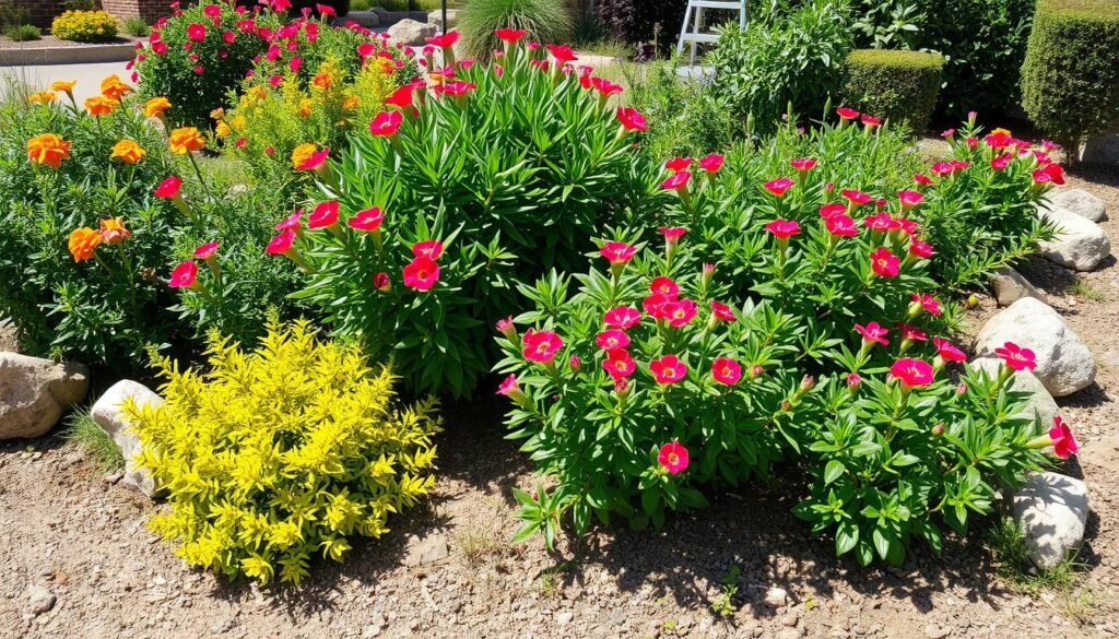 a group of flowers in a garden