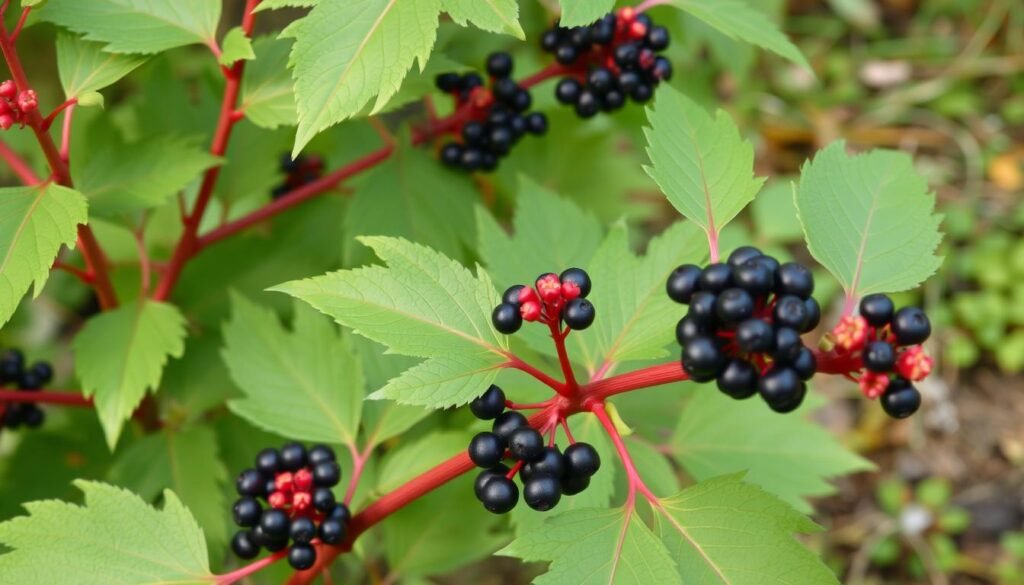 plant with red stalk and green leaves