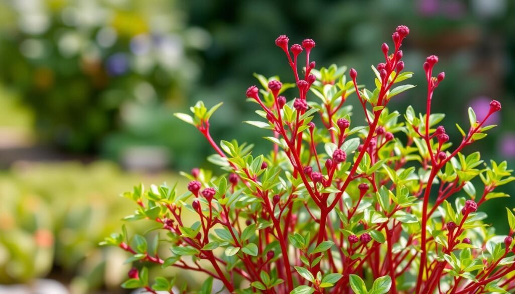 plant with red stalk and green leaves