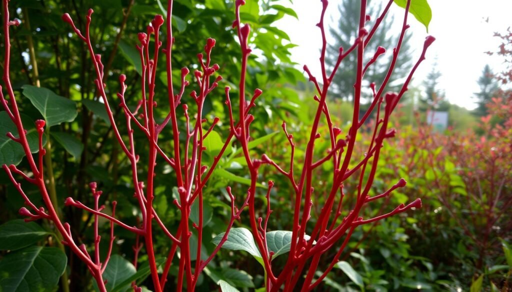 plant with red stalk and green leaves